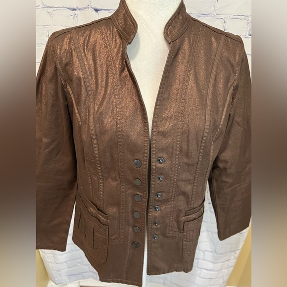 Coldwater Creek Brown Bronze Metallic Button Snap Front Jacket Shimmer 8P - Picture 2 of 9